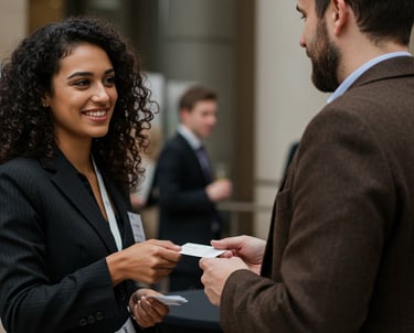 a man and woman in business attire at a business meeting