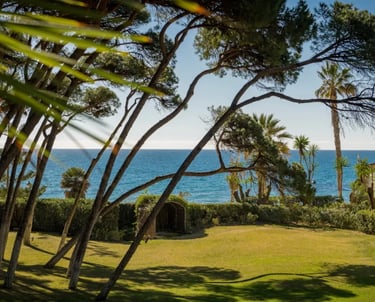 Garden and sea view at Villa El Rincon with pine trees