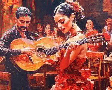 a painting of a Authentic Spanish woman in a red dress dancing