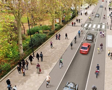 Rendering of a road with large sidewalks and bike lanes