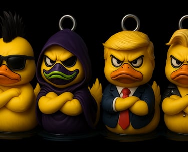 a group of rubber duckies with a man in a suit and tie