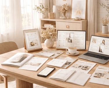 Espace de travail lumineux présentant différents produits digitaux Maison Orlanor, comme des planner