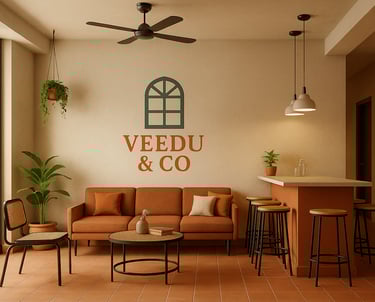 hostel living room with a couch and a ceiling fan