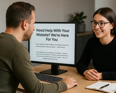 Person receiving website help and support in a modern office meeting