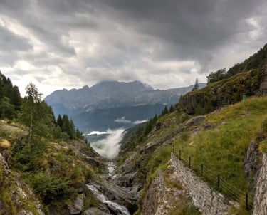 Ruins of the Gleno Dam arches in the Val di Scalve mountains, Lombardy