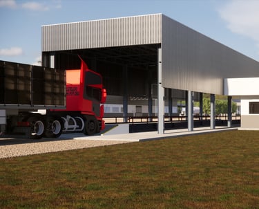 Estrutura coberta de balança para caminhões com casa de apoio administrativa na fazenda