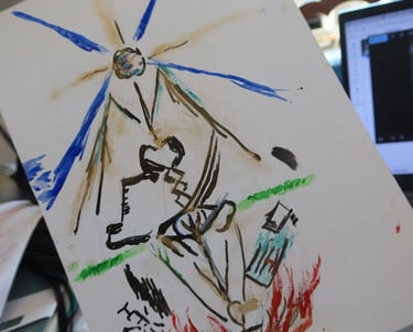 peinture aquarelle avec un chapeau, un oeil égyptien et le sceptre d'Hermès, du feu et de l'eau.