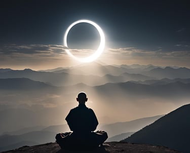 homme qui medite face a une eclipse de soleil sur une montagne, bien-etre, retour a soi,  magnetiseur nantes chrsophe meunier