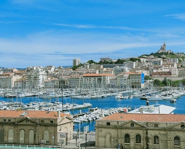 Marseille with sailboat harbor buildings and ocean views