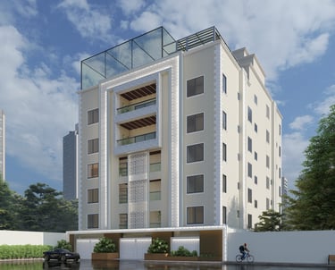 Contemporary building exterior with sleek architecture and a landscaped entrance