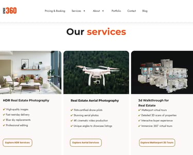 Space360 services section for real estate media and SEO strategy case study