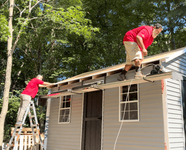 Shed installation in progress by Imperial Custom Sheds crew at customer’s house in Rhode Island