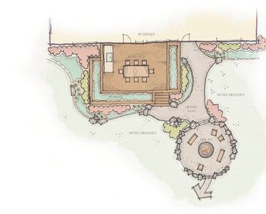 a drawing of a house with a circular shaped garden
