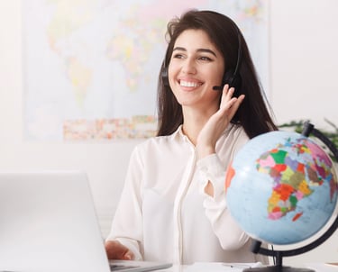 a woman in a white shirt and a globe providing customer services