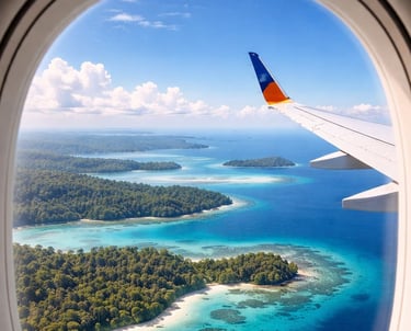Aerial view of tropical islands and coral reefs seen from an airplane window during a flight.