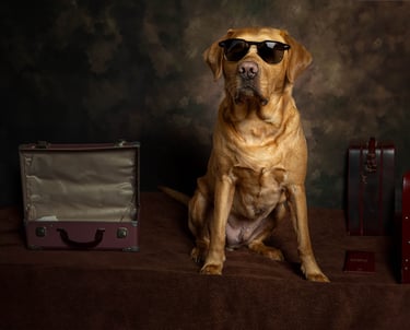 LokiPawtraits - a dog wearing sunglasses and sunglasses with a suitcase