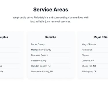Local SEO challenge summary with service areas listed for a junk removal company