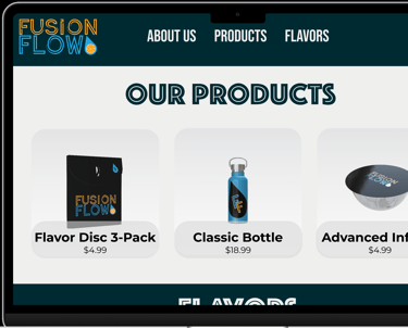 Fusion Flow Website mockup, based on flavored water bottles