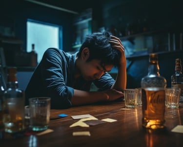 Homem triste com bebidas e drogas ao redor