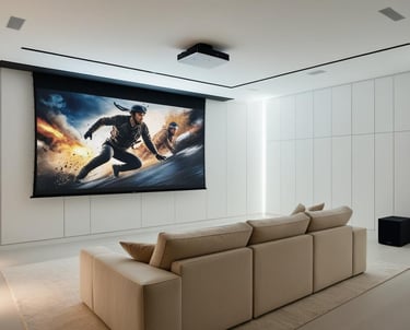 sala ampla de cinema em casa com tela e projetor