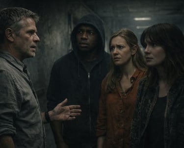 a group of people standing around a man in a hoodie
