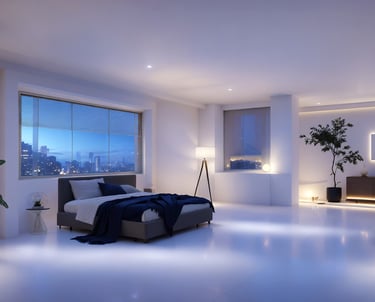 3D render of a modern bedroom suite with city view