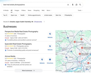 Local search result showing Space360 in top 3 for real estate photography
