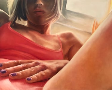 a woman with a pink dress and purple nails