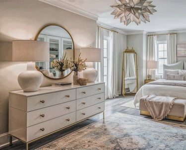 a bedroom with a large bed and a large mirror