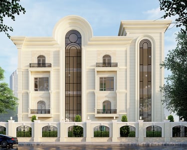 Contemporary building exterior with sleek architecture and a landscaped entrance