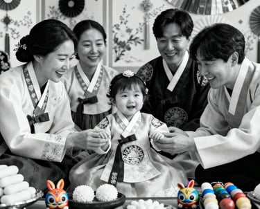 “Family in traditional Korean attire celebrating child’s milestone, filmed in Toronto by Frames by Peter.”