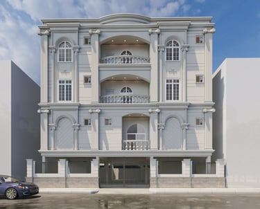 Classic elevation design of a residential building in Hyderabad, featuring traditional architectural