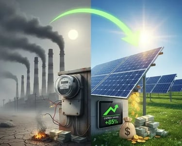 Imagen divida en dos con un fondo gris y humo y otro en color azul mostrando los beneficios de panel