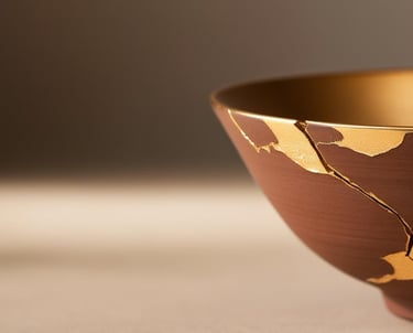 Ceramic bowl repaired with golden Kintsugi cracks, symbolizing beauty in imperfection.