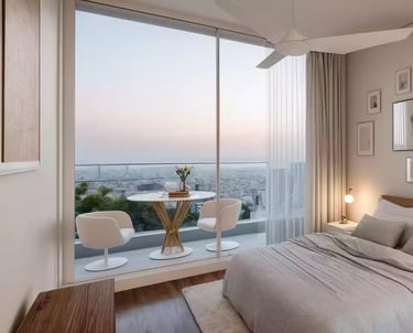 render de alcoba minimalista tonos claros