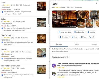 Google Business Profile of a top-rated restaurant with photos, reviews, and star rating