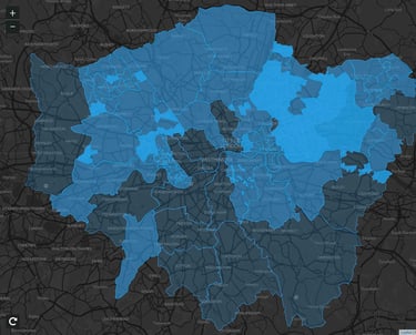 A picture of London outlining selective licensing areas