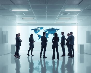 a group of business people standing in a room