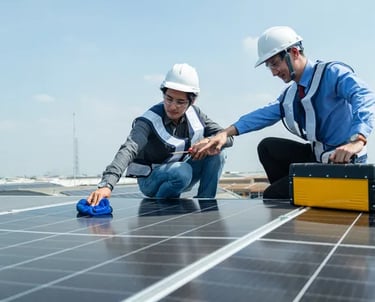 Dos hombres con casco de protección en color blanco examinando el lugar donde se hará la instalación