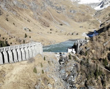 Ruins of the Gleno Dam arches in the Val di Scalve mountains, Lombardy
