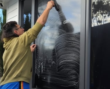 a man is cleaning a window with a brush