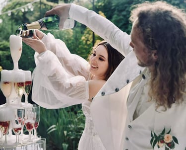 Champagne des mariés en couleur devant les invités