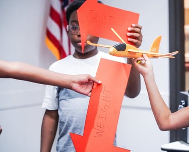 a young girl is holding a glider while other children hold force vectors lift drag thrust and weight