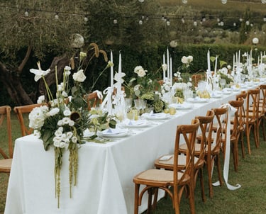 a long table with a long table set for a wedding in Tuscany