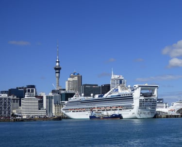 Auckland skyline with two cruise ships docked