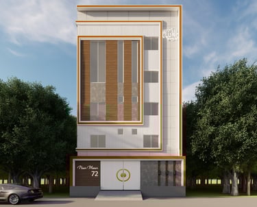 Contemporary building exterior with sleek architecture and a landscaped entrance