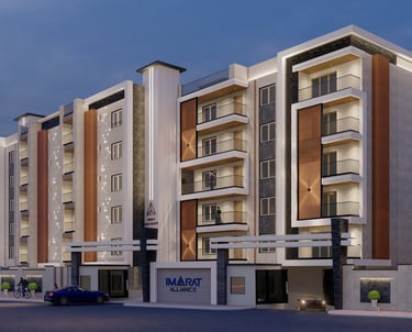 Contemporary building exterior with sleek architecture and a landscaped entrance