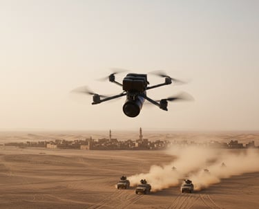 a drone flying over a desert with AI camera