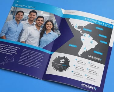Company profile Hulemex con team e mappa America Latina, esempio di branding consapevole aziendale.