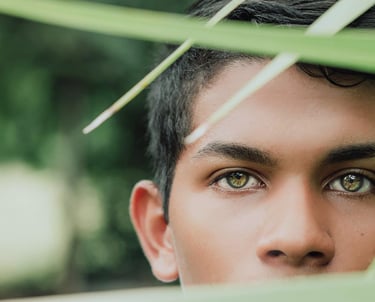 un niño entre las hojas de un arbol, la camará enfoca particularmente a sus ojos verdes